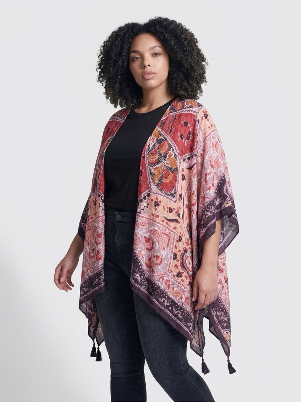 Vince Camuto Paisley Poncho Tunic Top Coral Purple Tassels S